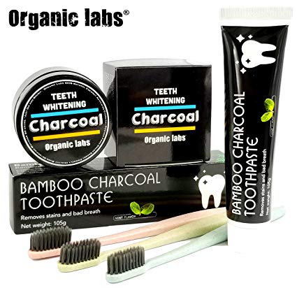 Activated Charcoal Teeth Whitening Bundle: Bamboo Charcoal Toothpaste + Activated Coconut Shells Charcoal Powder + 3 Wheat Straw Toothbrushes| Natural Way To Whiten and Clean Your Teeth.